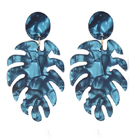 Palm Leaf Blue Acrylic Drop Style Earrings - Picture 1 of 2
